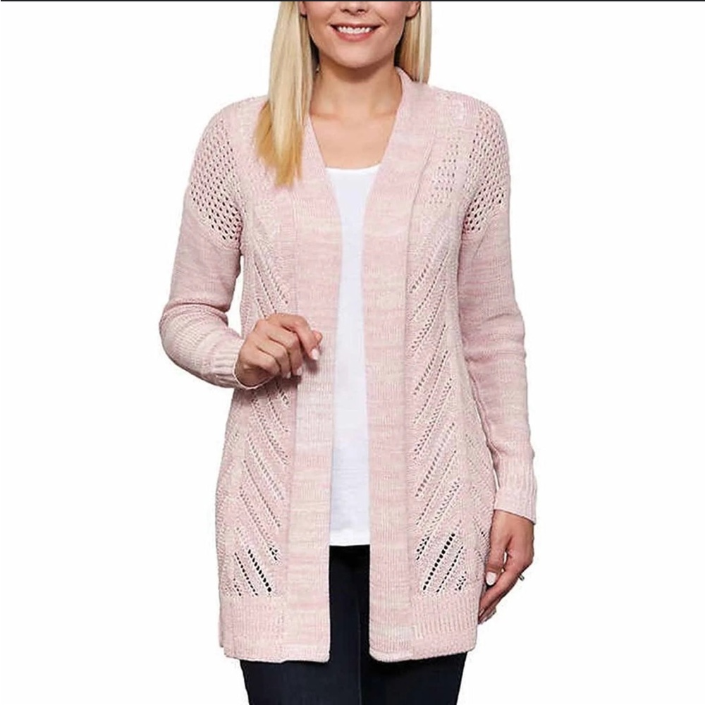 Leo & Nicole Marled Rib Trim Pointelle Cardigan Pink Size M